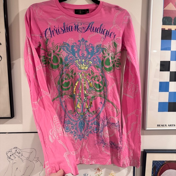 Y2K Christian Audigier Pink Graphic Long Sleeve Tee - size M - Picture 2 of 16